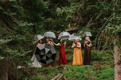 Manning Park Resort - Justine Russo Photographer Forest wedding with umbrellas and bridesmaids with bride.
